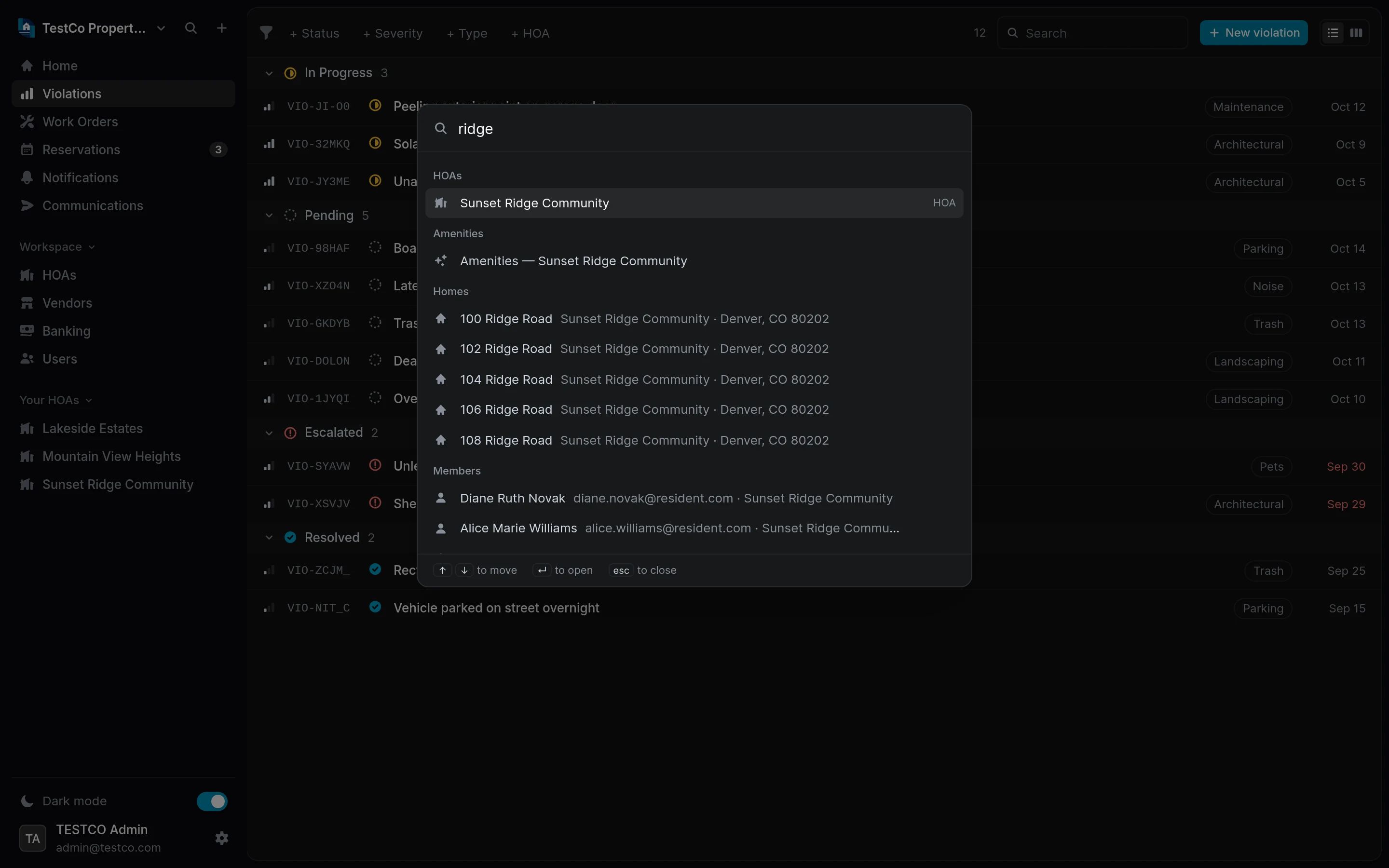 The Epic HOAs command palette, open over the app, searching across HOAs, homes, members and violations
